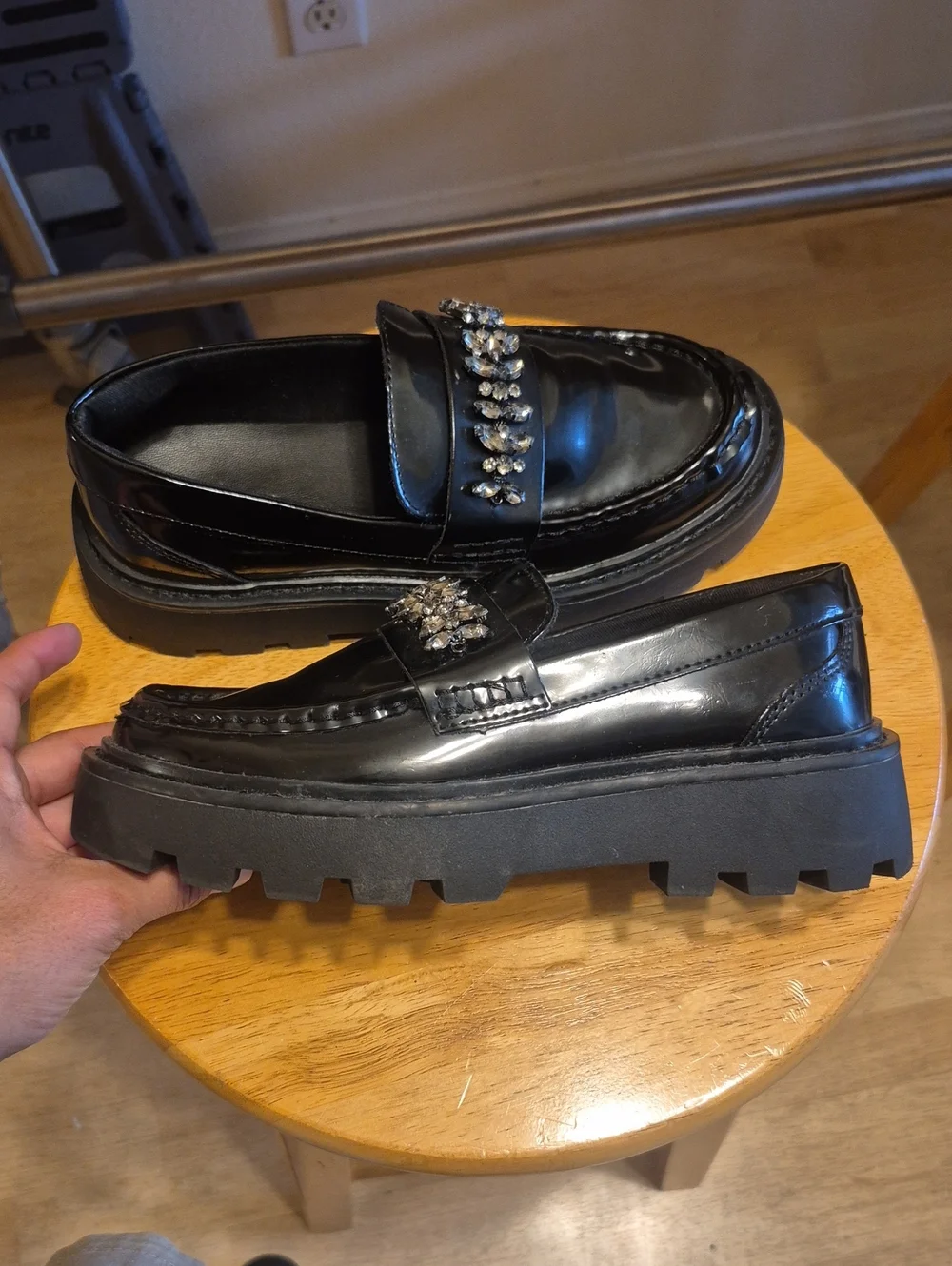 Zara Black Chuncky Platform Loafers Faux Leather & Rhinestones